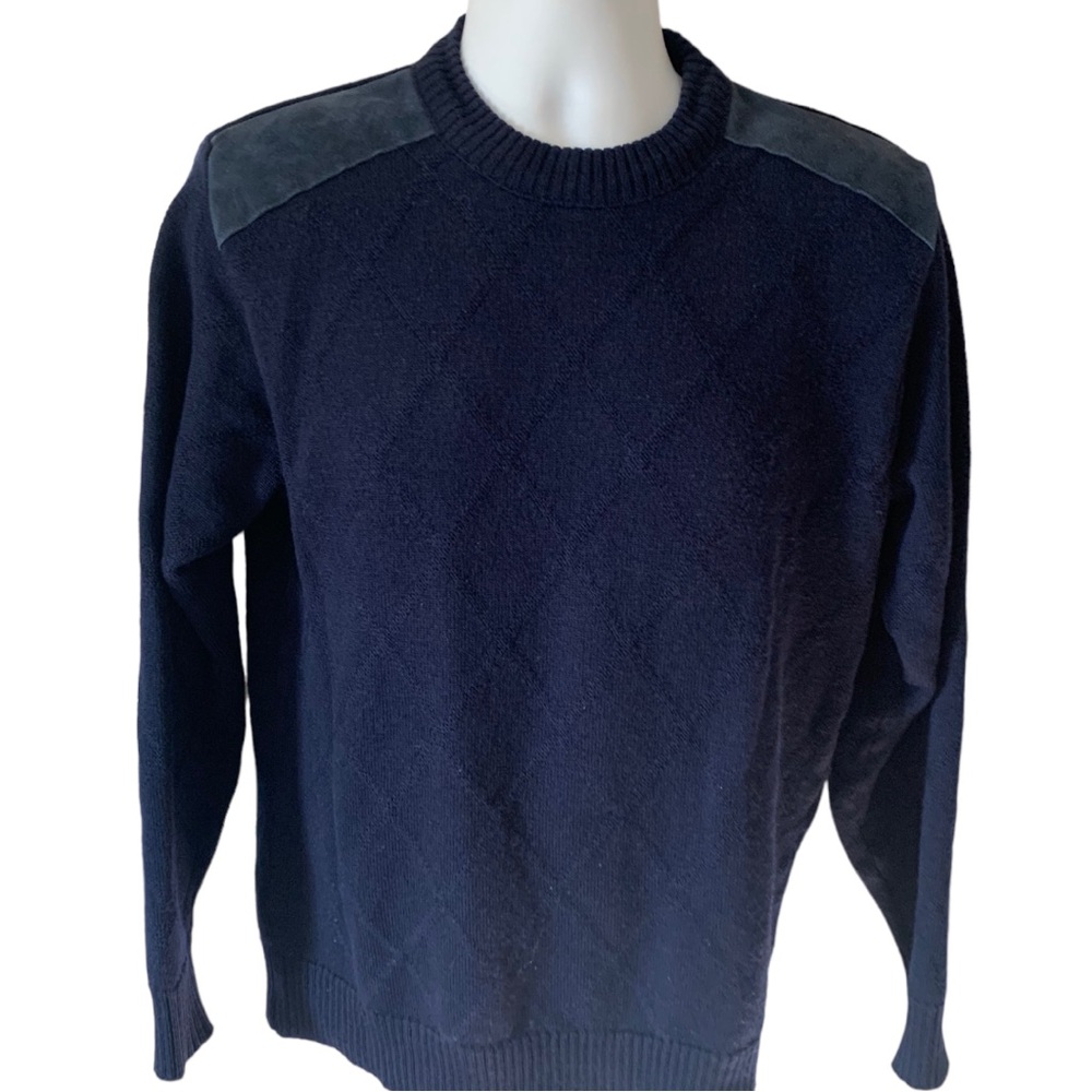 Rare VTG Pitlochry 100% Wool Navy Blue Argyle Crewneck Sweater w Suede Patches